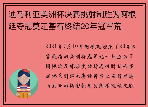 迪马利亚美洲杯决赛挑射制胜为阿根廷夺冠奠定基石终结20年冠军荒