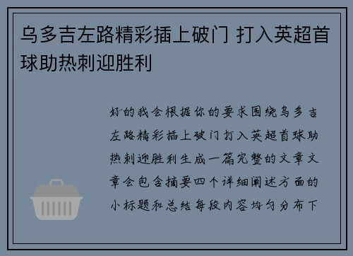 乌多吉左路精彩插上破门 打入英超首球助热刺迎胜利 乌多吉左路精彩插上破门 打入英超首球助热刺迎胜利