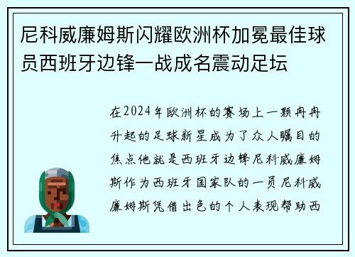 尼科威廉姆斯闪耀欧洲杯加冕最佳球员西班牙边锋一战成名震动足坛