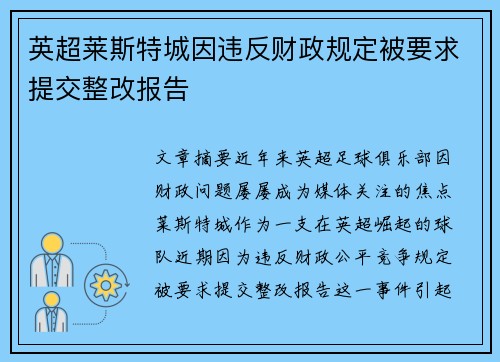 英超莱斯特城因违反财政规定被要求提交整改报告